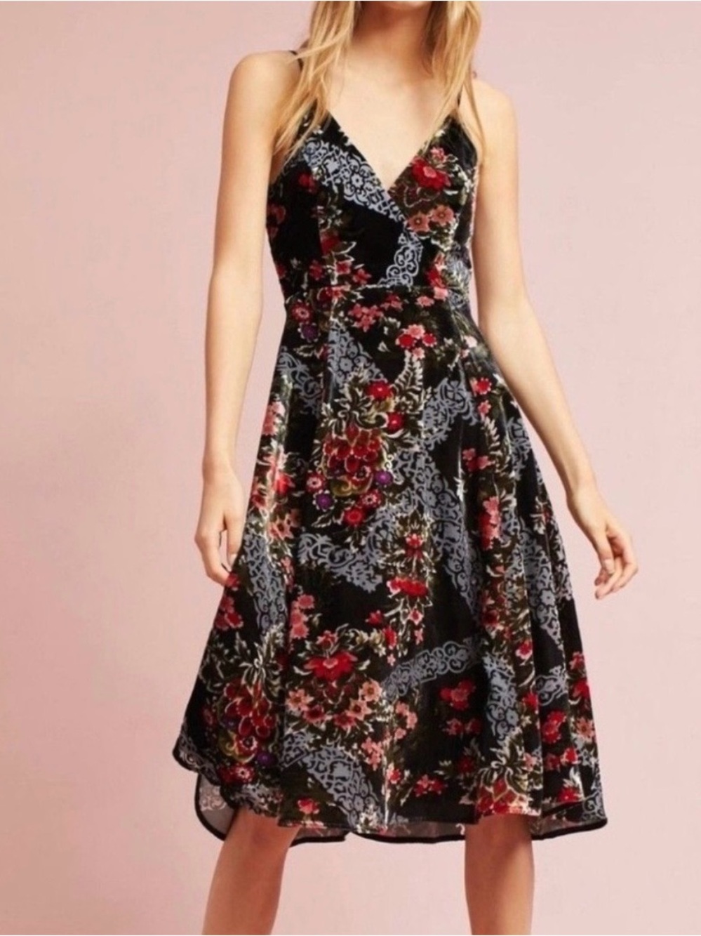 Anthro Eri + Ali Floral Burnout Velvet Slip Dress Midi Dark Romantic Boho Size 6